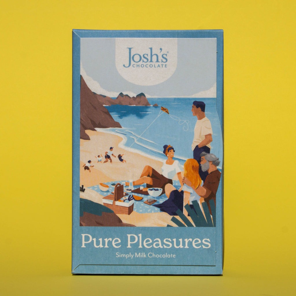 Box of Josh's Milk Chocolate Buttons, it is a blue box an with illustration of a beach picnic scene, it is placed on a yellow background.