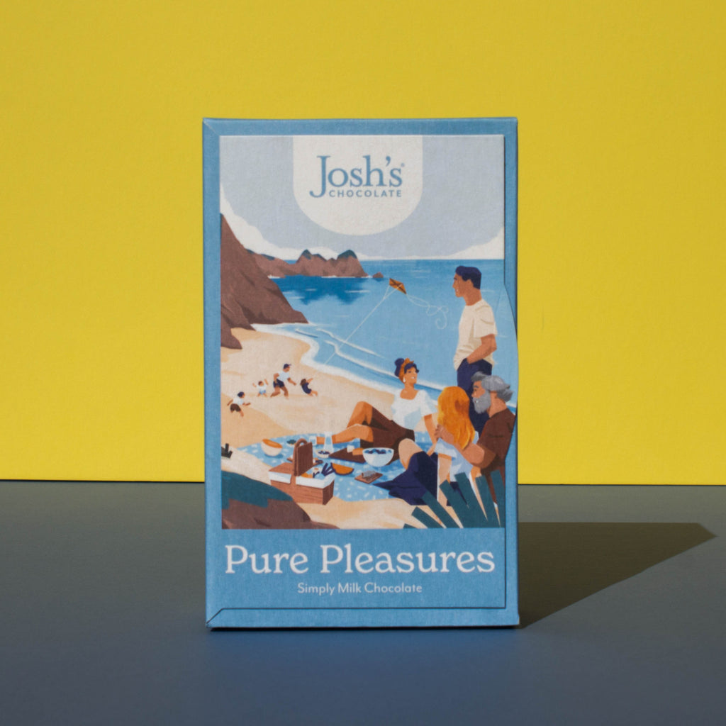 Box of Josh's Milk Chocolate Buttons, it is a blue box an with illustration of a beach picnic scene, it is placed on a blue and yellow background.