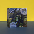 Box of Coco Pzazz Salted Caramel Fudge, it has an illustration of a country lane lined with trees, it is placed on a blue and yellow background and tilted slightly to the side.