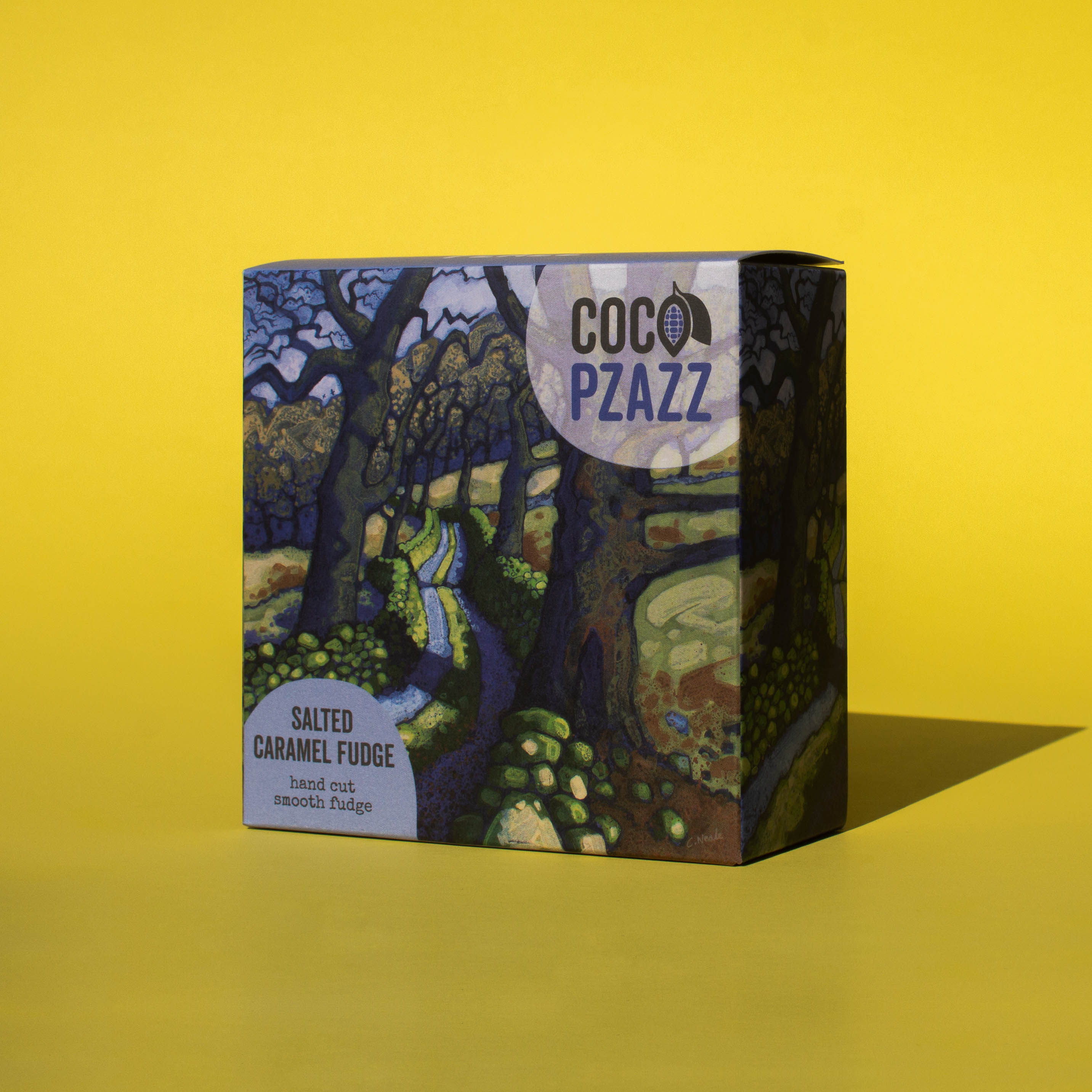 Box of Coco Pzazz Salted Caramel Fudge, it has an illustration of a country lane lined with trees, it is placed on a yellow background and tilted slightly to the side.