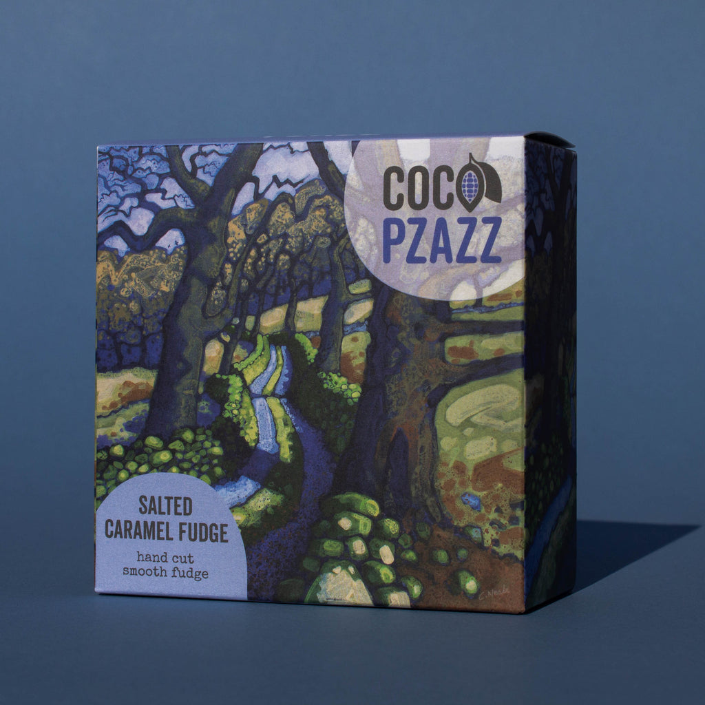Box of Coco Pzazz Salted Caramel Fudge, it has an illustration of a country lane lined with trees, it is placed on a blue background and tilted slightly to the side.
