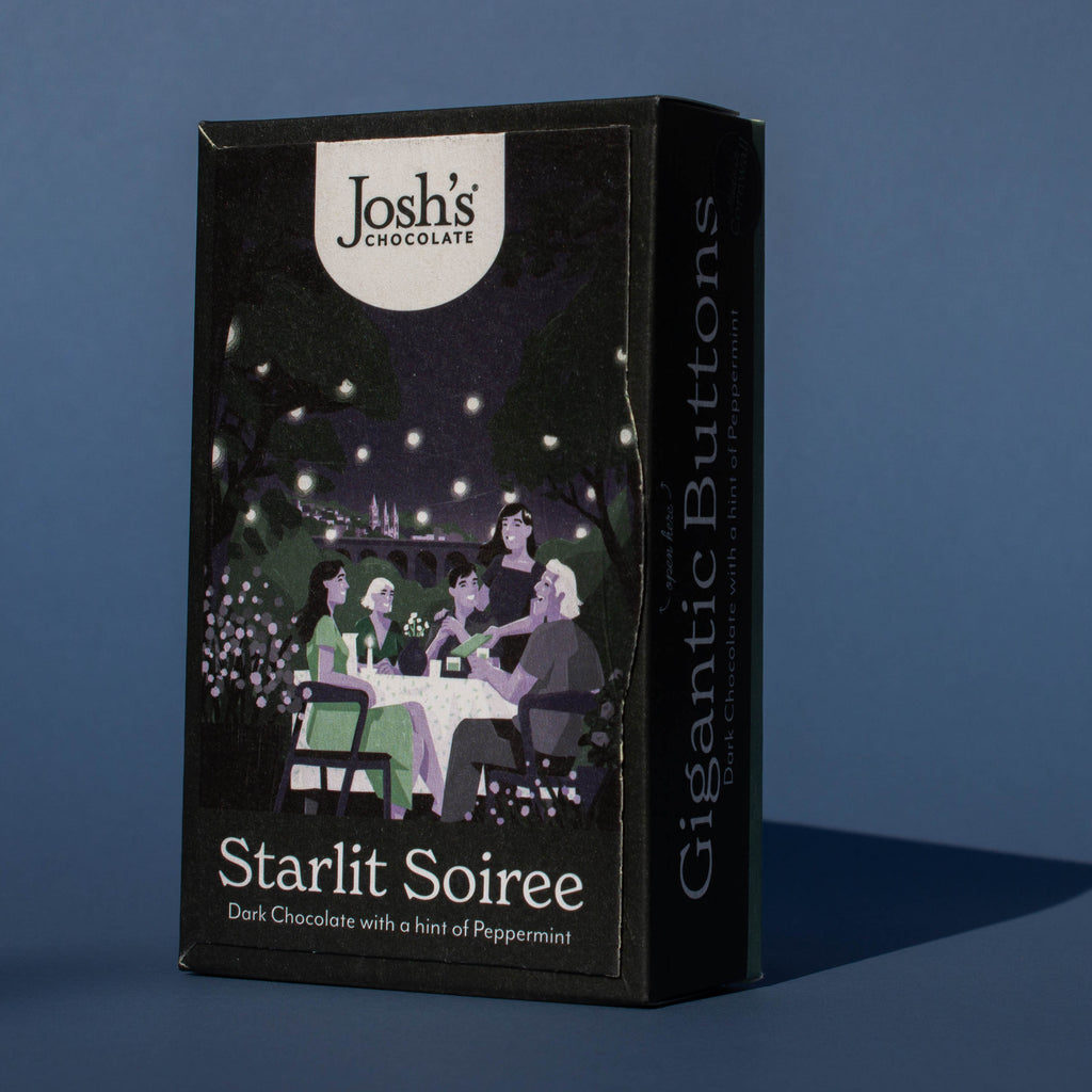 Box of Josh's Dark Chocolate Peppermint Buttons tilted to the side, it is a black box an with illustration of a late night gathering of friends, it is placed on a blue background.